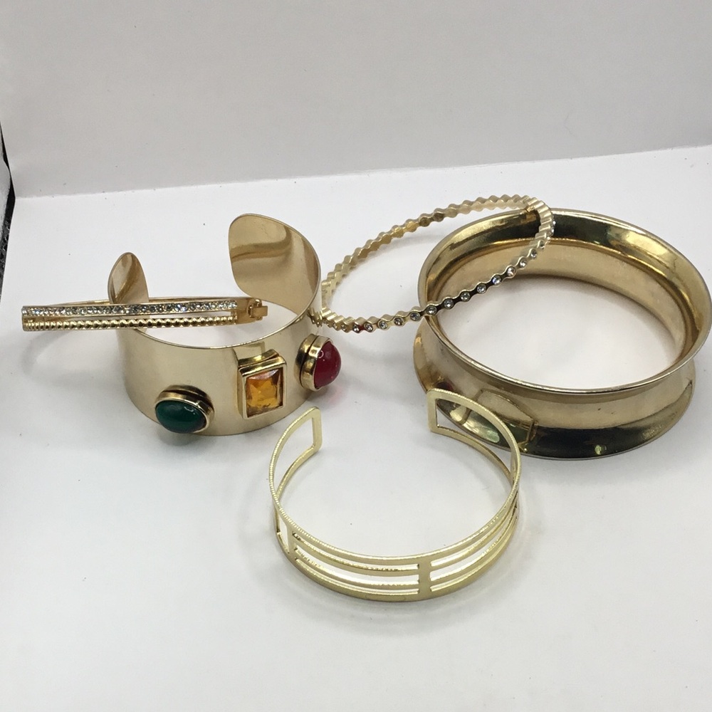 5 Bracelet Set, Gold Tone, Vintage, Crystals, Gems, Vintage